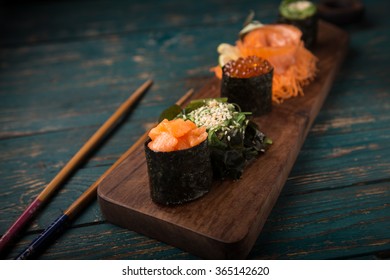 Sushi set on a wooden tray