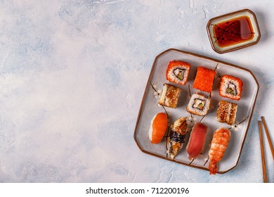 Sushi Set: Sushi And Sushi Rolls On Plate, Top View.