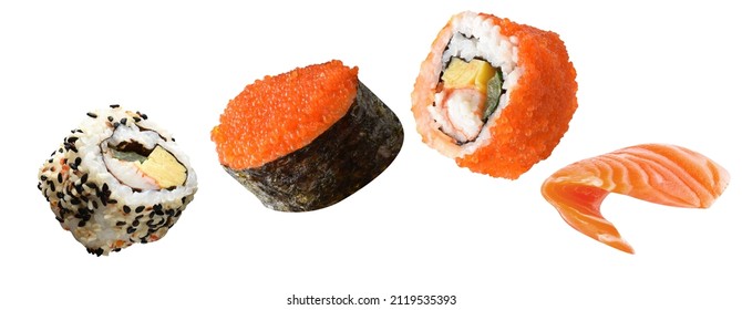 sushi vegetable fly, fish salmon sushi ,Salmon Roe sushi on white