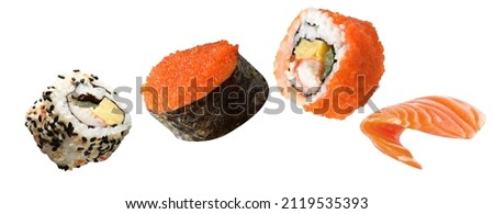 sushi vegetable fly, fish salmon sushi ,Salmon Roe sushi on white Stockfoto © 