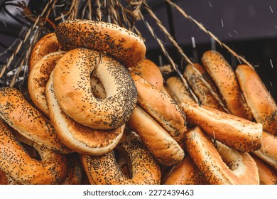 Sushki, traditional Russian, also Ukrainian and Lithuanian, Eastern European small, crunchy, mildly sweet bread rings with poppy seeds in a street food regional market