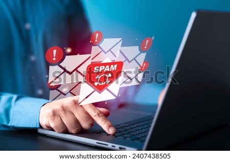 Suspect emails alert on virtual screen. E-mail inbox with spam virus message caution sign for threat notification. Harmful, Trash and junk mail, Spam mail pop-up warning. Cyber security awareness.