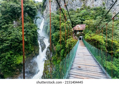 Suspended bridge in El Pailon del Diablo waterfall in Banos Santa Agua, Ecuador. South America.
