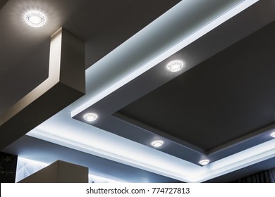 suspended ceiling and drywall construction in the decoration of the apartment or house. Decorative trends in interior design for the house and office. Modern construction materials