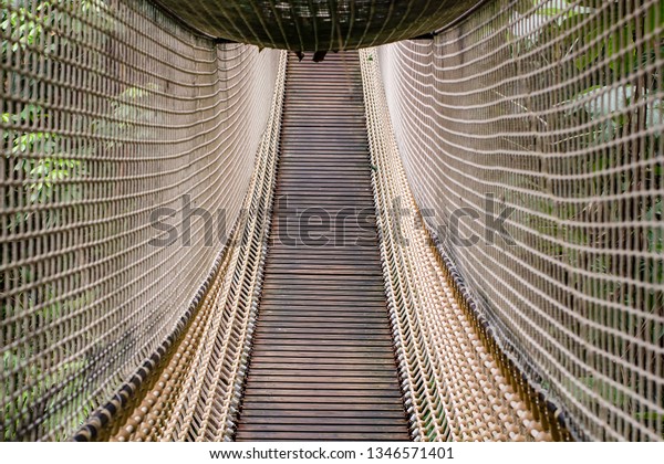 Suspended wooden rope bridge, with a\
grid on the sides and on top for safety. Beautiful\
texture.