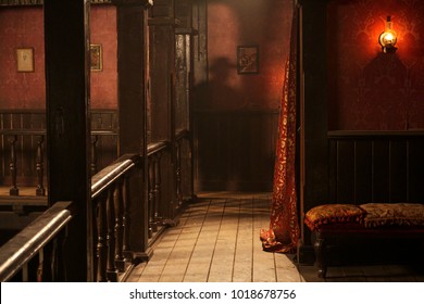 suspense scene of a man hiding behind a pillar in a saloon 