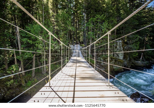 A suspension bridge along the Train Wreck Trail in\
Whistler, Canada