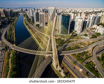 Suspension bridge. Cable-stayed bridge in the world. Sao Paulo city, Brazil, South America.