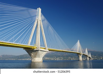 suspension bridge crossing Corinth Gulf strait, Greece. Is the world's second longest cable-stayed bridge