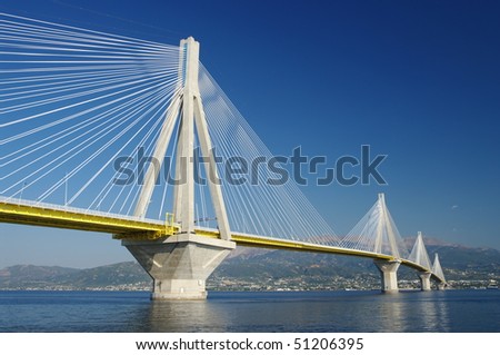 suspension bridge crossing Corinth Gulf strait, Greece. Is the world's second longest cable-stayed bridge