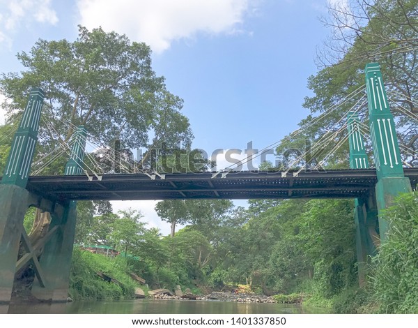 Suspension bridge, Crossing the river with\
forest and waterfall