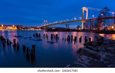 Suspension bridge at Gothenburg Connecting main land to Industrial area of Hisingen in west coast of Sweden. During blue hour the bridge gets an added makeover  with artificial lights