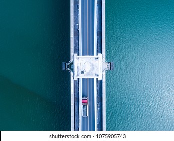 Suspension bridge over the sea. Bird's eye view.