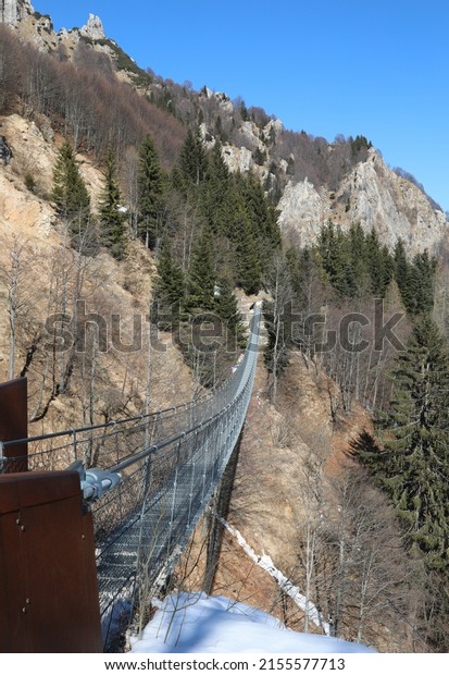 suspension bridge over the void of the\
ravine in the mountains supported with sturdy steel\
ropes