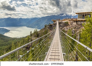 Suspension bridge at the summit of the newly built Sea to Sky Gondola in Squamish, British Columbia with views of Howe sound