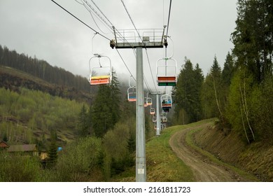 Suspension Cable Car In The Mountains. Summer.