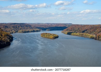 Susquehanna River on a hazy fall morning. It is a major river in the northeastern US. At 444 miles long, it is the longest river in the East that drains into the Chesapeake Bay and Atlantic Ocean. 