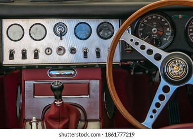 SUSSEX, UK - SEPTEMBER 14, 2019:  Dashboard and interior of vintage e-type Jaguar car  