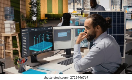 Sustainability RD expert develops integrated clean energy solutions, designing efficient solar panel production lines, simulating wind turbine farms to optimize renewable power generation, camera A