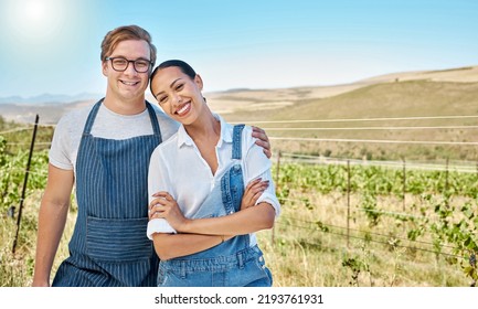 Sustainability Wine Farmer, Agriculture Or Happy Couple With Smile, Growth Mindset Or Countryside Environment Field Motivation. Interracial Man, Woman Or Vineyard Workers Portrait With Nature Vision