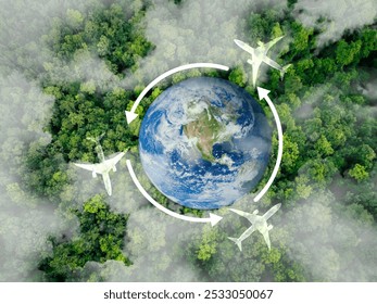 Sustainable aviation. Green flight technology. Use of renewable energy, sustainable aviation fuel, and innovation to reduce carbon emissions. Eco-friendly transportation. Earth image provided by Nasa. - Powered by Shutterstock