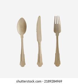 Sustainable Bamboo Cutlery Set On White Background. Eco Friendly Plastic Free Take Way Eating Utensils 