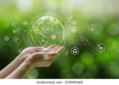 Sustainable development goal (SDGs) concept. Hands holding Global communication network with Environment icon on a green background. Green technology and Environmental technology.