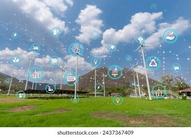 Sustainable development goals, SDGs, Environmental technology concept. Natural power.Mountain view with wind turbine generator, Icon concept of renewable energy preserve world's environment to future - Powered by Shutterstock