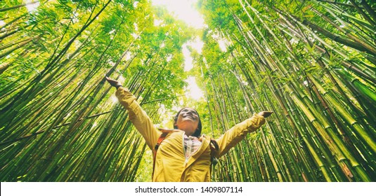 Sustainable eco-friendly travel tourist hiker walking in natural bamboo forest happy with arms up in the air enjoying healthy environment renewable resources. - Shutterstock ID 1409807114