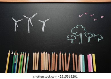 Sustainable energy, clean energy doodle, eco class, colors pencils on black chalkboard  - Powered by Shutterstock