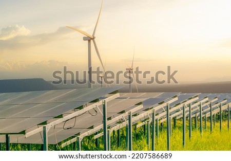 Sustainable energy. Solar and wind turbines farm. Sustainable resources. Solar, wind power. Renewable energy. Sustainable development. Photovoltaic panel. Green energy. Alternative electricity source.