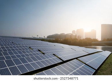 Sustainable Energy Solutions: Solar Panels in Urban Landscape at Sunrise  