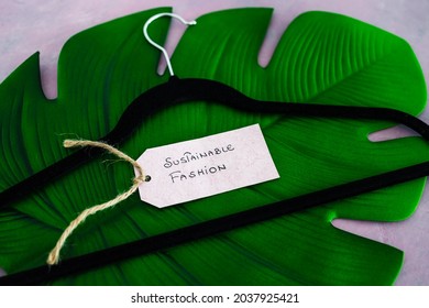 Sustainable Fashion Label With Clothes Hanger On Top Of Tropical Green Leaf On Pink Background Shot At Shallow Depth Of Field, Concept Of Environmentally Conscious Clothing Brands