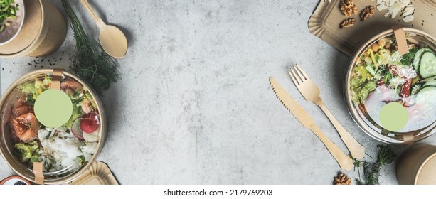 Sustainable Food Delivery With Eco Craft Paper Containers And Bamboo Cutlery At Grey Table. Delicious Healthy To Go Poke Bowls For Lunch. Top View With Copy Space.