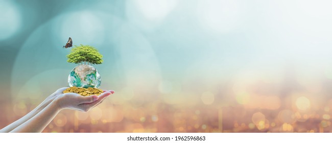 Sustainable global business investment in environment, social, governance (ESG) and CSR concept in clean industry with volunteer hands holding world green tree. Element of the image furnished by NASA.