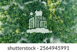 sustainable green building environmentally friendly buildings Future green business idea Environmental sustainability goals in 2050. White building shape amidst pristine nature.