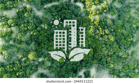 sustainable green building environmentally friendly buildings Future green business idea Environmental sustainability goals in 2050. White building shape amidst pristine nature. - Powered by Shutterstock