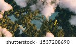 Sustainable habitat world concept. Distant aerial view of a dense rainforest vegetation with lakes in a shape of world continents, clouds and one small yellow airplane. 3d rendering.