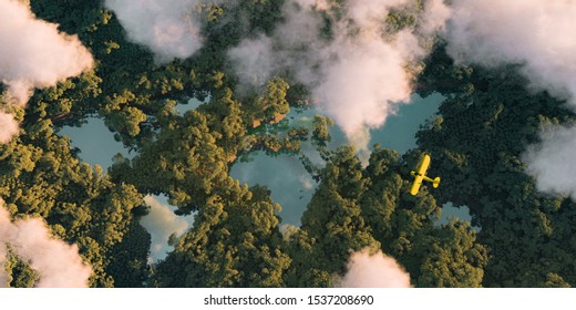 Sustainable habitat world concept. Distant aerial view of a dense rainforest vegetation with lakes in a shape of world continents, clouds and one small yellow airplane. 3d rendering. - Shutterstock ID 1537208690