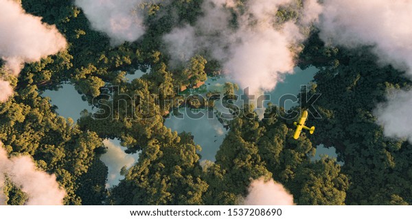 Sustainable\
habitat world concept. Distant aerial view of a dense rainforest\
vegetation with lakes in a shape of world continents, clouds and\
one small yellow airplane. 3d\
rendering.
