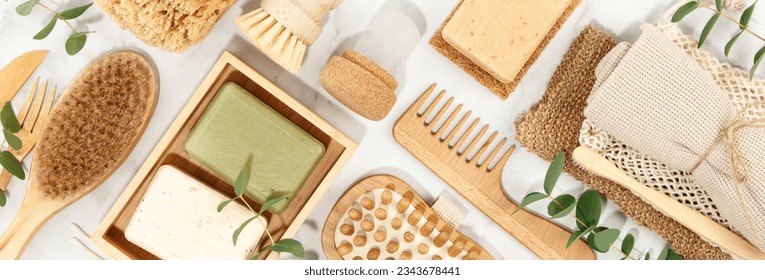 Sustainable lifestyle concept. Top view photo of natural hand made soap bar and eco friendly personal care products  Foto Stock