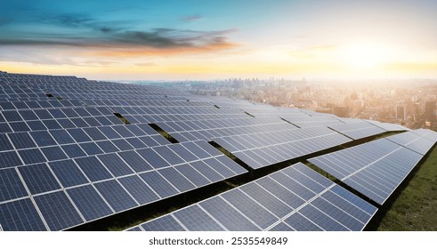 Sustainable Solar Energy Panels Illuminating a Bright Future Over a Cityscape   - Powered by Shutterstock