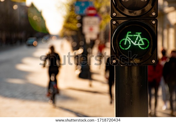 Sustainable\
transport. Bicycle traffic signal, green light, road bike, free\
bike zone or area, bike sharing with silhouette of cyclist and bike\
on the blurred background,\
bike-friendly