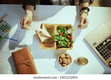 Sustainable workplace. Upper view of accountant woman in green office with laptop eating salad.