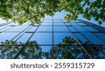 Sustainble green building Ecofriendly building Sustainable glass office building with tree for reducing carbon dioxide Office with green environment Corporate building reduce CO2 Safet