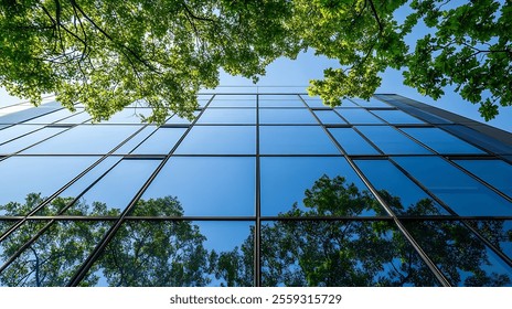 Sustainble green building Ecofriendly building Sustainable glass office building with tree for reducing carbon dioxide Office with green environment Corporate building reduce CO2 Safet