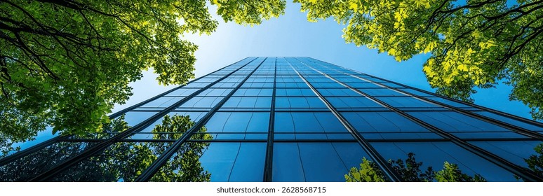 Edificio verde sostenible Edificio ecológico Edificio de oficinas de vidrio sostenible con árbol para reducir el dióxido de carbono Oficina con entorno verde Edificio Corporativa reduce el CO2 Safet