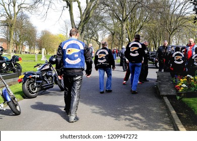 Sutton In Ashfield, Nottinghamshire, UK. April 11, 2014.  Groups Of International Hells Angels Meeting To Pay Respect At The Funeral Of A Chapter President At Sutton In Ashfield In Nottinghamshire.