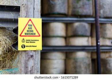 Sutton, Suffolk, UK October 20 2019; A rural sign outside a farm warning that they are being monitored by CCTV