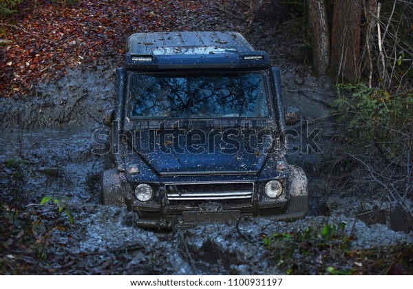 SUV or 4x4 off-road\
car in a puddle making mud splashes. Car stuck on forest road\
covered with dirt and fall leaves. Extreme entertainment and\
challenge concept.
